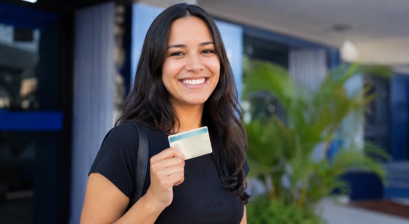 Uma pessoa sorridente comemora a conquista da CNH, segurando o documento com orgulho em um ambiente externo e institucional