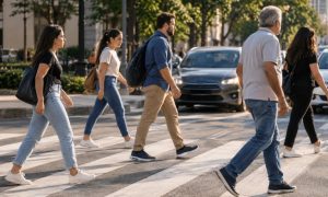 Pessoas atravessando uma faixa de pedestres em uma via urbana, com carros aguardando ao fundo e iluminação natural suave, em uma cena realista e informativa.