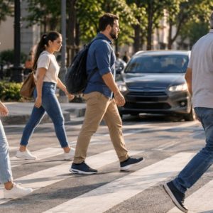 Pessoas atravessando uma faixa de pedestres em uma via urbana, com carros aguardando ao fundo e iluminação natural suave, em uma cena realista e informativa.