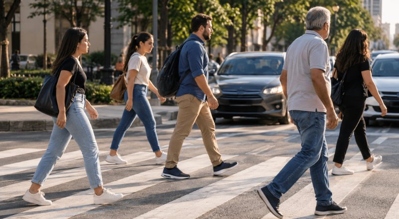 Pessoas atravessando uma faixa de pedestres em uma via urbana, com carros aguardando ao fundo e iluminação natural suave, em uma cena realista e informativa.